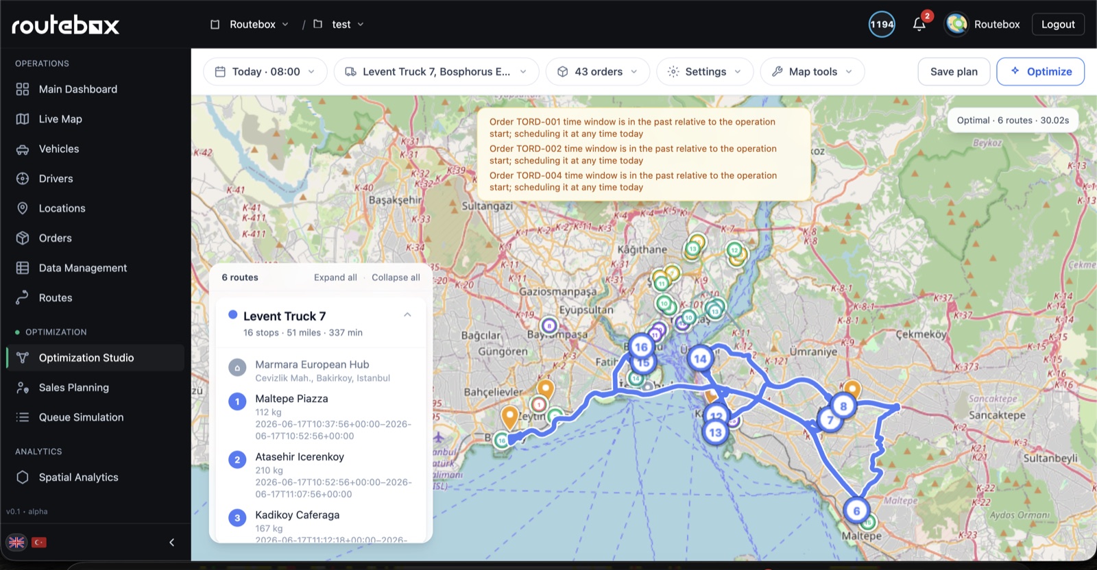 Routebox Optimization Studio with multi-depot VRP results