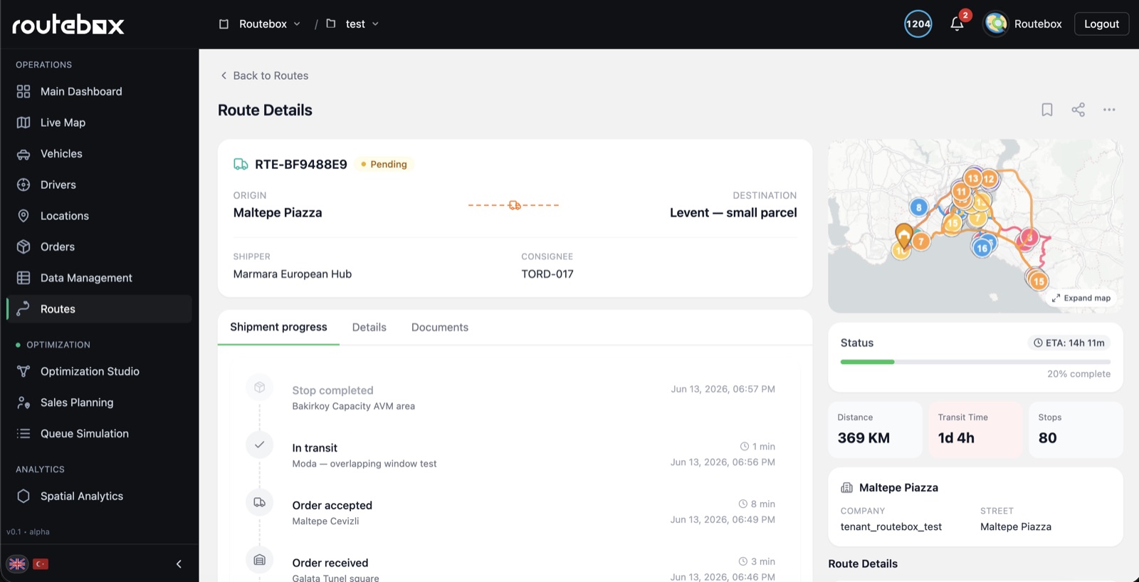 Routebox route details with shipment progress and live map