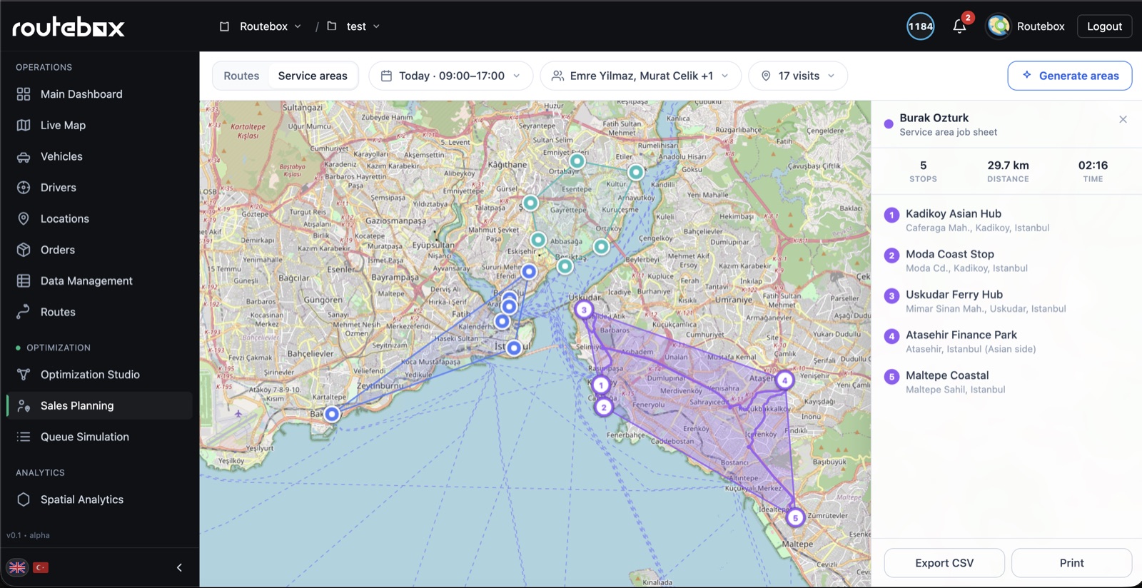 Routebox Sales Planning with service areas and job sheets