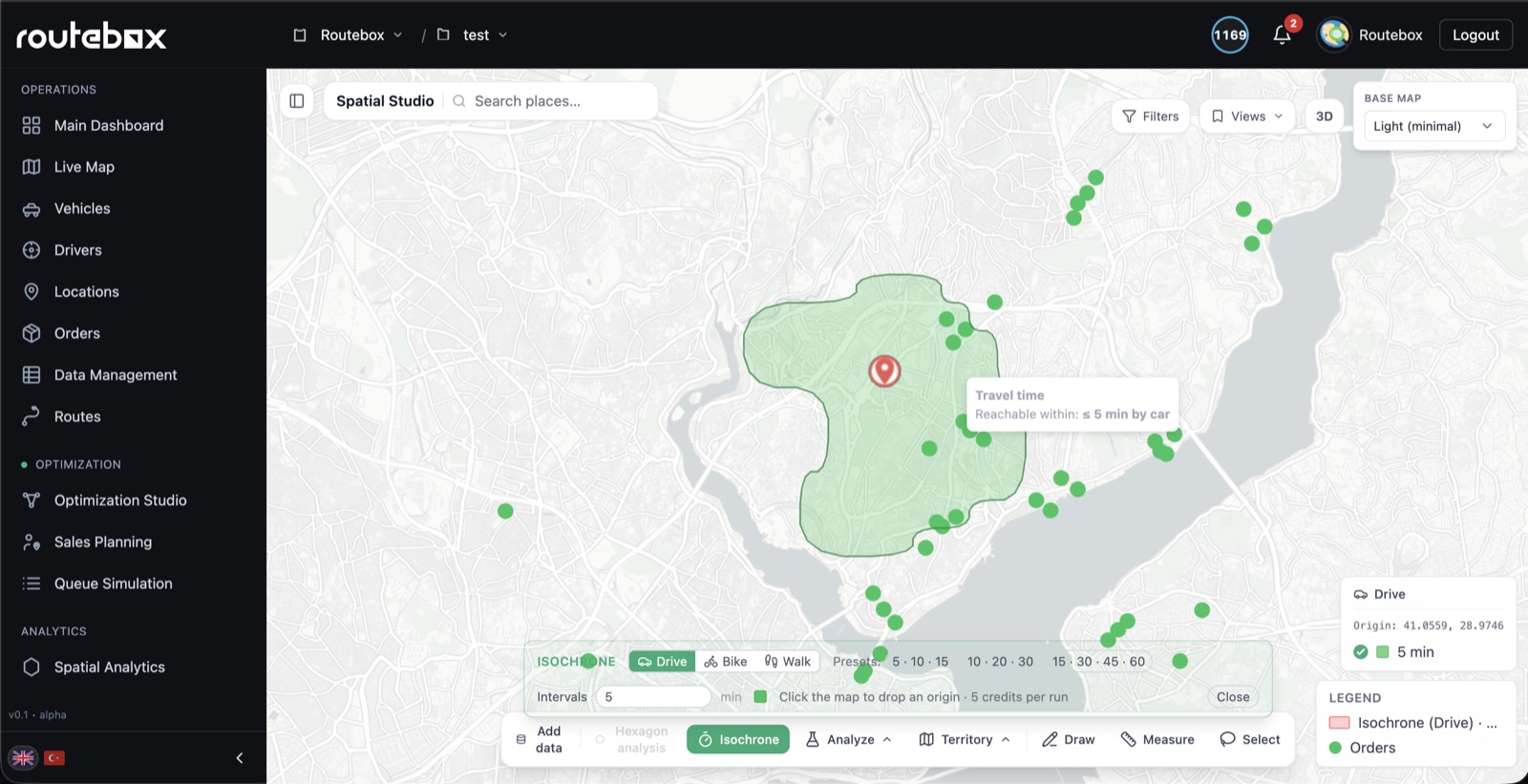 Routebox Spatial Studio with isochrone analysis and order overlays